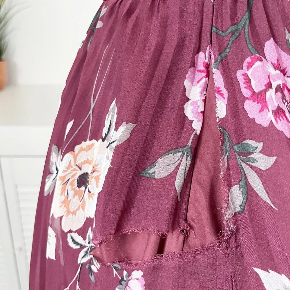 Jill Stuart | Burgundy Floral Print Pleated Zola Midi Dress | 0 - Picture 10 of 10